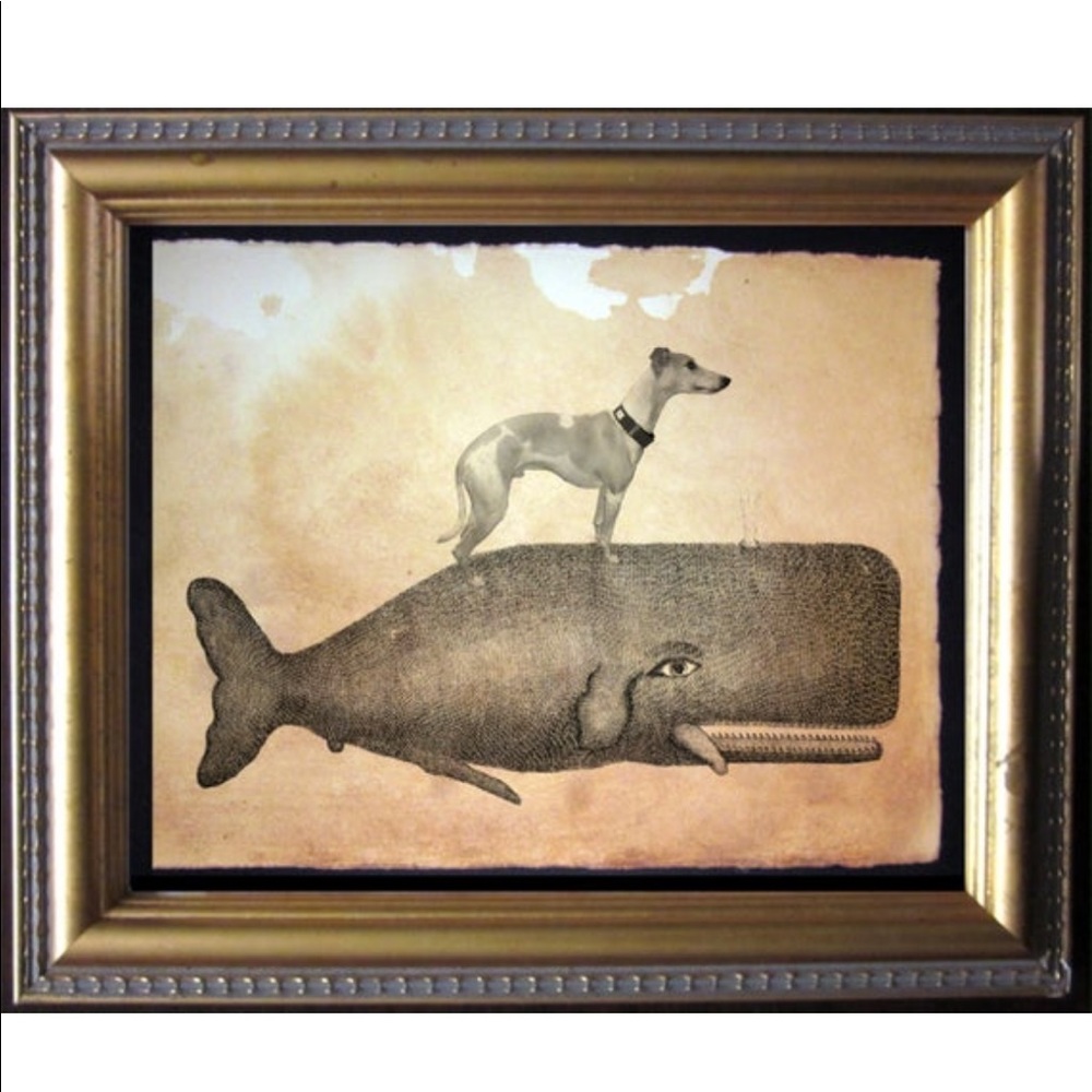 Whippet Dog Riding Whale Art Print Tea Stained